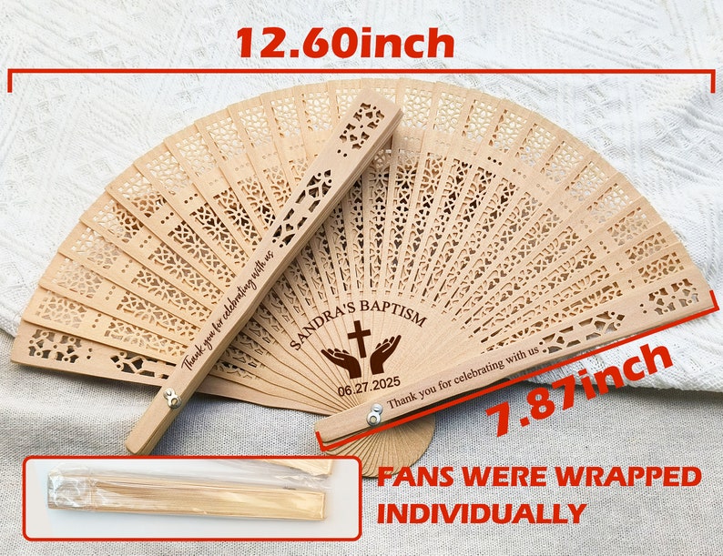 May include: A wooden hand fan with a white cross and the text "SANDRA'S BAPTISM" and "06.27.2025" engraved on it. The fan is 12.60 inches long and 7.87 inches wide. The text "Thank you for celebrating with us" is also engraved on the fan. The fan is wrapped individually.
