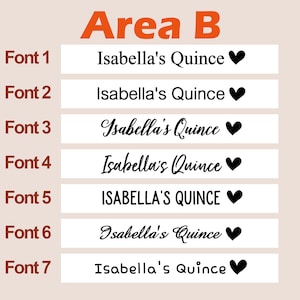Puede incluir: Siete estilos de fuente diferentes para el texto "Isabella's Quince" con un s&iacute;mbolo de coraz&oacute;n. El texto se muestra en un rect&aacute;ngulo blanco con un borde negro.