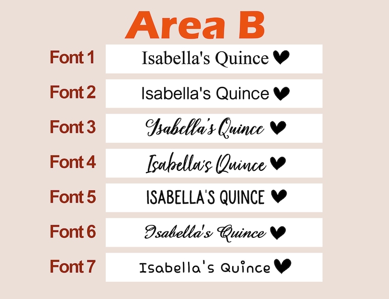 Puede incluir: Siete estilos de fuente diferentes para el texto "Isabella's Quince" con un s&iacute;mbolo de coraz&oacute;n. El texto se muestra en un rect&aacute;ngulo blanco con un borde negro.