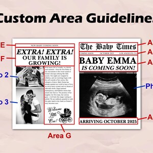 May include: A pregnancy announcement with the headline "Baby Emma is Coming Soon!" and "Arriving October 2025." The announcement includes an ultrasound image, a photo of a couple, and the text "Welcome Little One!"