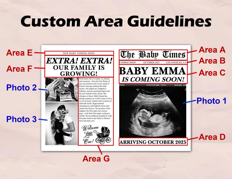May include: A pregnancy announcement with the headline "Baby Emma is Coming Soon!" and "Arriving October 2025." The announcement includes an ultrasound image, a photo of a couple, and the text "Welcome Little One!"