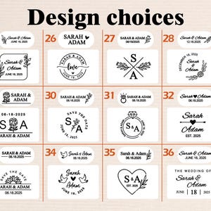 Op de afbeelding: Een set van 12 verschillende huwelijksstempelontwerpen. De ontwerpen omvatten een verscheidenheid aan bloem-, hart- en monogramontwerpen. De tekst op de stempels bevat de namen "Sarah & Adam" en de datum "June 18, 2025".