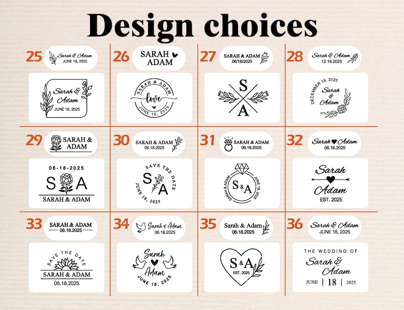 Op de afbeelding: Een set van 12 verschillende huwelijksstempelontwerpen. De ontwerpen omvatten een verscheidenheid aan bloem-, hart- en monogramontwerpen. De tekst op de stempels bevat de namen "Sarah & Adam" en de datum "June 18, 2025".