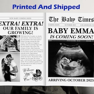 May include: A newspaper-style announcement with the headline "EXTRA! EXTRA! OUR FAMILY IS GROWING!" and "BABY EMMA IS COMING SOON!" The announcement includes a sonogram image and the text "ARRIVING OCTOBER 2025."