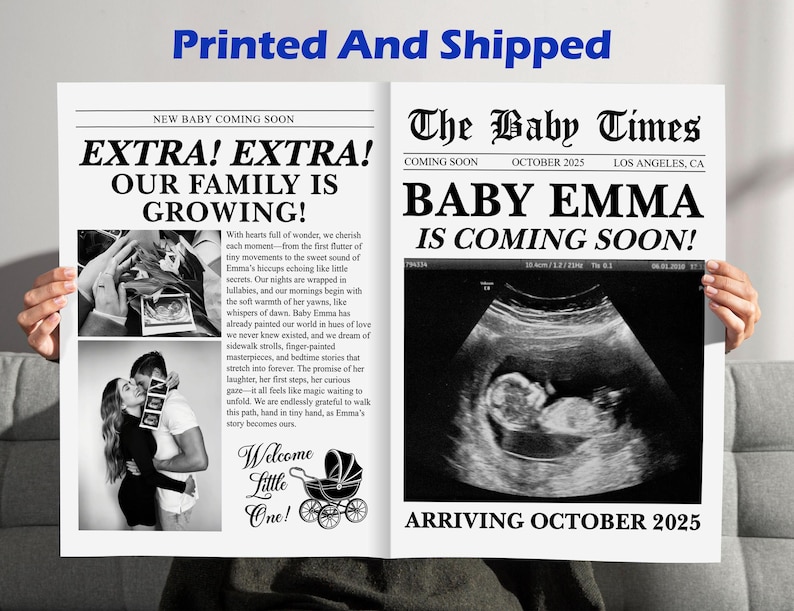 May include: A newspaper-style announcement with the headline "EXTRA! EXTRA! OUR FAMILY IS GROWING!" and "BABY EMMA IS COMING SOON!" The announcement includes a sonogram image and the text "ARRIVING OCTOBER 2025."