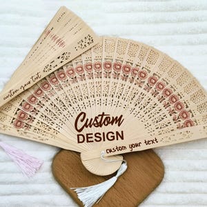 Bulk Custom Business Logo Wood Fans with Tassel/Personalized Sandalwood Fans/Engraved Hand Fan Favors for Wedding, Birthday, Valentine&#39;s Day