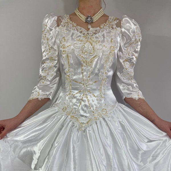 Princess Wedding Dress 80's Lace Beads Plus Size Rare Puff Sleeves