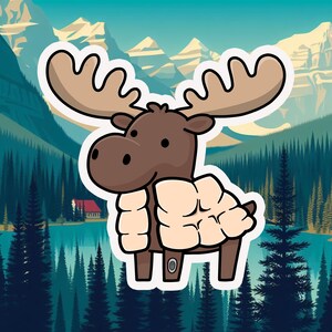 Peut inclure: Autocollant de dessin animé représentant un orignal brun avec de grands bois et une poitrine duveteuse de couleur crème. L'orignal est placé sur un fond de lac, de montagnes et de conifères, avec une petite cabane visible.