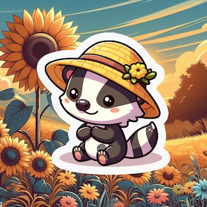 May include: A sticker featuring a cartoon badger wearing a straw hat adorned with a yellow flower. The badger is set against a backdrop of sunflowers and a field under a blue and yellow sky. The badger has black and white fur.