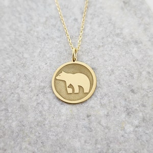 Real 14k Solid Gold Bear Mother With Baby Necklace, Personalized Mom Pendant, Gold Brushed Finish Pendant, Charm Bear Pendant