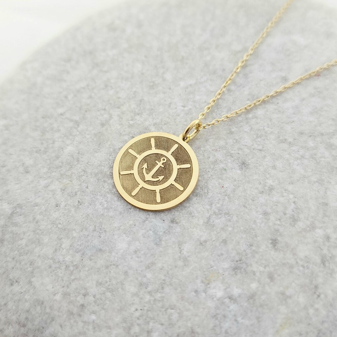 14k Gold Rudder Necklace With Anchor, Personalized Anchor Pendant ...