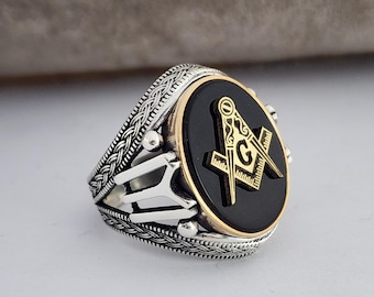 Men's 10k Yellow Gold Freemason Ring - Square & Compass With Blue Stone, Masonic Symbol Size 10.25