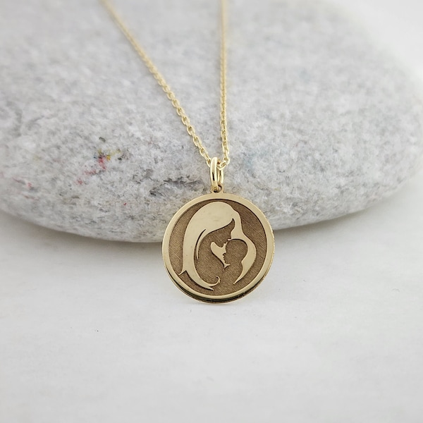 Real 14k Solid Gold Mother With Baby Necklace, Personalized Mom Pendant, Gold Brushed Finish Pendant, Charm Mother Pendant, Mom & Baby Jewel