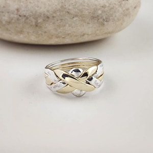 4 Band Turkish Puzzle Ring – 2 Gold 2 Sterling Silver Interlocking Ring – Handmade Unisex Wedding Band – Gift for Him Her