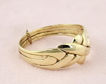 Anillo de rompecabezas de oro amarillo macizo de 14 quilates con diseño de banda entrelazada hecho a mano.