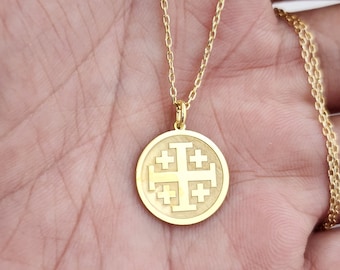 Dainty 14k Solid Gold Jerusalem Cross Coin Necklace: Greek Orthodox Jewelry