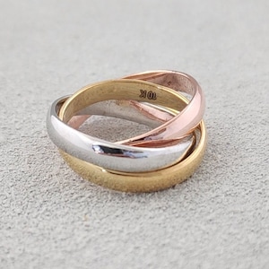 Triple Ring Interlocking Rings- Triplet Band Tri Color Rolling Ring- 4mm Wide Bands Gold Rings 10K or 14K Bands Stacking Rings