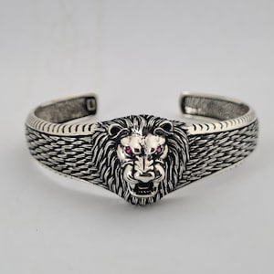 Sterling Silver Lion Bracelet - Unique Men&#39;s Cuff Bracelet