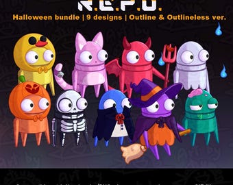 May include: A digital illustration featuring nine cartoon characters in Halloween costumes, including a pumpkin, skeleton, vampire, witch, and ghost. The text reads GIFTUBER MODEL R.E.P.O. Halloween bundle, 9 designs, Outline & Outlineless ver.