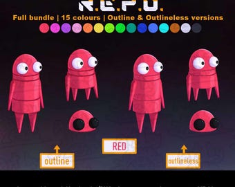 May include: A digital asset bundle titled GIFTUBER MODEL R.E.P.O. featuring 15 color variations of a character with large eyes. The set includes outline and outlineless versions, compatible with Veadotube and PNGtuber programs that accept GIF files.