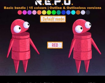 May include: A digital character asset titled GIFTUBER MODEL R.E.P.O. featuring a red cylindrical creature with large eyes. The bundle includes 15 colors, outline and outlineless versions, and is compatible with Veadotube/PNGtuber programs accepting GIF files.