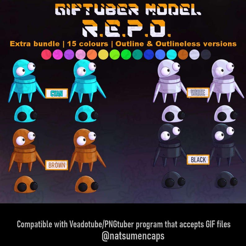 May include: A digital character asset sheet titled GIFTUBER MODEL R.E.P.O. featuring cyan, white, brown, and black robot-like creatures with large eyes. The display includes outline and outlineless versions, color swatches, and text labels.