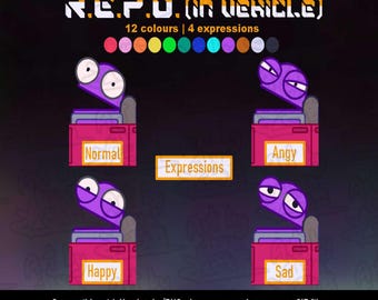 May include: A digital asset pack titled PNGTUBER/FUGI REACTIVE R.E.P.O. (IN VEHICLE) featuring 12 color options and 4 expressions: Normal, Angy, Happy, and Sad. The character is a purple creature inside a pink vehicle. Compatible with Veadotube/PNGtuber programs.