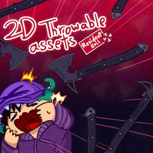 Pode incluir: Ilustração com o texto "2D Throwable assets" e vários machados pretos. Um logotipo da Resident Evil é visível. Uma personagem de desenho animado com um chapéu e casaco roxos também está presente, com uma expressão de surpresa.