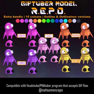 May include: A digital asset pack titled GIFTUBER MODEL R.E.P.O. featuring 15 color variations of a small, round, multi-legged creature with large eyes and an open mouth. Includes outline and outlineless versions compatible with Veadotube/PNGtuber programs.