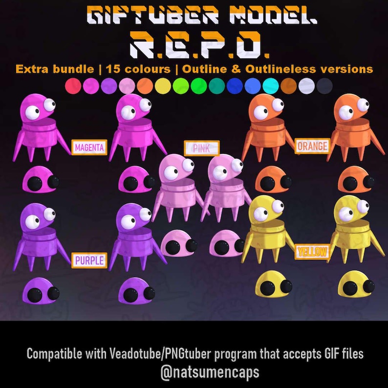May include: A digital asset pack titled GIFTUBER MODEL R.E.P.O. featuring 15 color variations of a small, round, multi-legged creature with large eyes and an open mouth. Includes outline and outlineless versions compatible with Veadotube/PNGtuber programs.