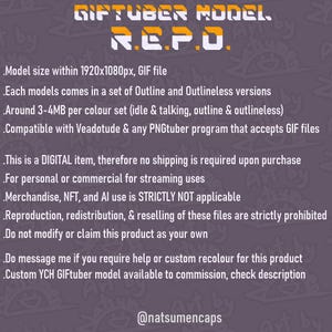 May include: A digital GIFtuber model R.E.P.O. file with white and orange text on a purple background. The image lists technical specifications including 1920x1080px size, outline and outlineless versions, and compatibility with Veadotude and PNGtuber programs.