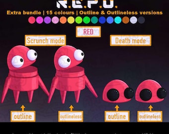 May include: A digital character asset sheet titled GIFTUBER MODEL R.E.P.O. featuring a red creature in Scrunch mode and Death mode. It includes outline and outlineless versions, 15 color options, and text indicating compatibility with Veadotube/PNGtuber programs.