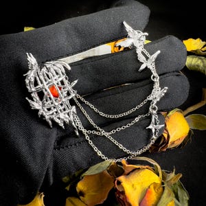 K&ouml;nnte beinhalten: Silberne K&auml;fig-Anh&auml;nger-Kette mit einem roten Edelstein, baumelnden Ketten und mehreren silbernen Vogelanh&auml;ngern. Die Kette liegt auf einem schwarzen Hintergrund mit getrockneten gelben Rosen.