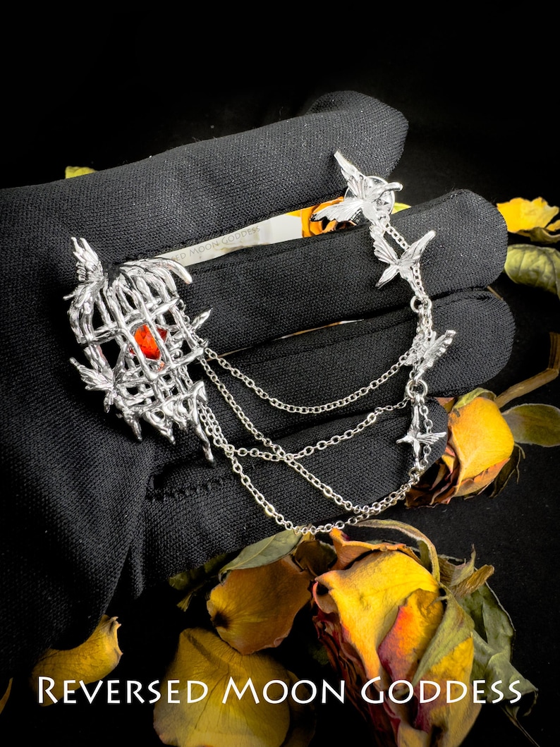 K&ouml;nnte beinhalten: Silberne K&auml;fig-Anh&auml;nger-Kette mit einem roten Edelstein, baumelnden Ketten und mehreren silbernen Vogelanh&auml;ngern. Die Kette liegt auf einem schwarzen Hintergrund mit getrockneten gelben Rosen.