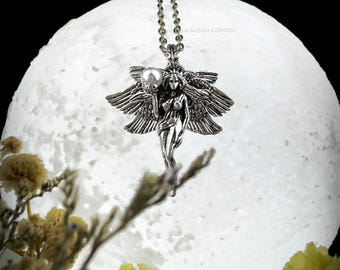 Six-Winged Angel Pearl Pendant Necklace: Gothic Seraphim Talisman