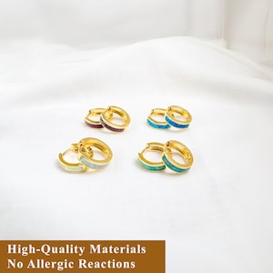 Opal Huggie Hoops • White, Blue, Green, Red Opal Inlay Earrings • 24K Gold • Delicate Opal Jewelry • Ideal for Daily Wear • Perfect Gift