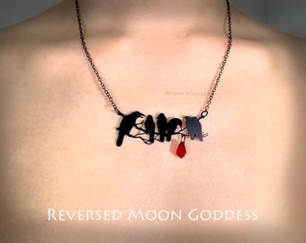 Gothic Black Crows Necklace, Murder of Crows Pendant with Red Crystal, Raven in Night Sky Charm, Memento Mori Jewelry, Dark Fantasy Gift