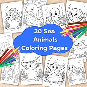 Könnte beinhalten: Eine Sammlung von 20 Ausmalbildern mit Meeresmotiven, die verschiedene Meereslebewesen wie Fische, Wale und Tintenfische zeigen. Der Titel "20 Sea Animals Coloring Pages" ist in einer blauen Wolkenform dargestellt, mit Buntstiften.