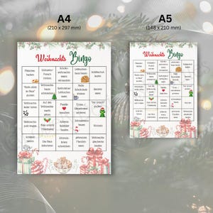 Puede incluir: Dos tarjetas de juego de bingo navide&ntilde;o, tama&ntilde;os A4 y A5, con gr&aacute;ficos festivos. Las tarjetas presentan un borde verde y rojo con im&aacute;genes tem&aacute;ticas navide&ntilde;as y texto en alem&aacute;n. La tarjeta A4 mide 210 x 297 mm, y la tarjeta A5 mide 148 x 210 mm.