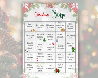 Juego de bingo navideño, actividad festiva imprimible, juego de calendario de adviento, juego familiar de Navidad, descarga digital A4, A5, carta, media carta
