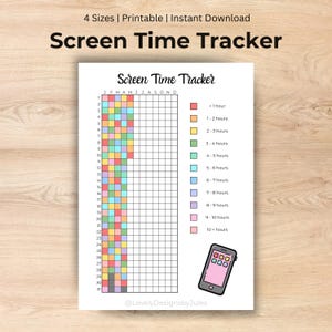 Könnte beinhalten: Ein druckbarer Bildschirmzeit-Tracker mit einem Raster zur Verfolgung der täglichen Nutzung. Der Tracker enthält einen farbcodierten Schlüssel für Zeitintervalle und eine kleine Illustration eines Smartphones. Der Text lautet "Screen Time Tracker".