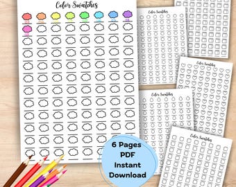 Pacote de Folhas de Amostras de Cores Imprimíveis em A4 e Carta (EUA) | 6 Modelos de Tabela de Cores | Rastreador de Amostras de Tinta | Folha de Paleta de Cores para Artistas em PDF
