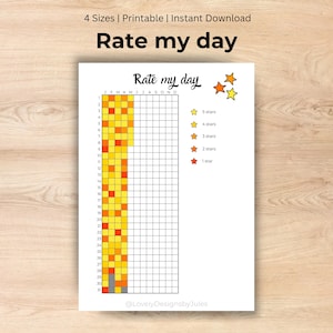 Könnte beinhalten: Ein weißer, bedruckbarer Planer mit dem Titel „Rate my day“ mit einem Raster für tägliche Bewertungen. Der Planer enthält eine farbcodierte Tabelle zur Stimmungsverfolgung mit Sternebewertungen von 1 bis 5 Sternen. Oben auf dem Planer steht der Text „Rate my day“.