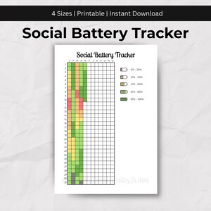 Könnte beinhalten: Ein druckbarer "Social Battery Tracker" auf weißem Papier. Der Tracker zeigt ein Raster mit Monaten und Daten, farbcodierte Balken, die Energieniveaus darstellen, und Text, der Batterieprozentsätze angibt. Der obere Text lautet "4 Sizes | Printable | Instant Download".