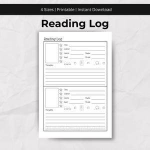 Könnte beinhalten: Ein weißes, druckbares Leseprotokoll mit dem Titel "Reading Log" oben. Das Protokoll enthält Abschnitte für Titel, Autor, Genre, Start, Ende und Gedanken. Das Protokoll hat auch Symbole für ein Buch, ein Telefon und Kopfhörer.
