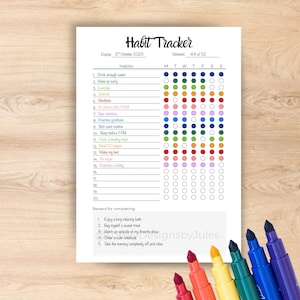 K&ouml;nnte beinhalten: Ein wei&szlig;er Gewohnheitstracker mit der Aufschrift "Habit Tracker" vom 27. Oktober 2025. Er enth&auml;lt eine Liste von Gewohnheiten mit einem Wochenraster zur Verfolgung. Bunte Marker sind unten rechts zu sehen.