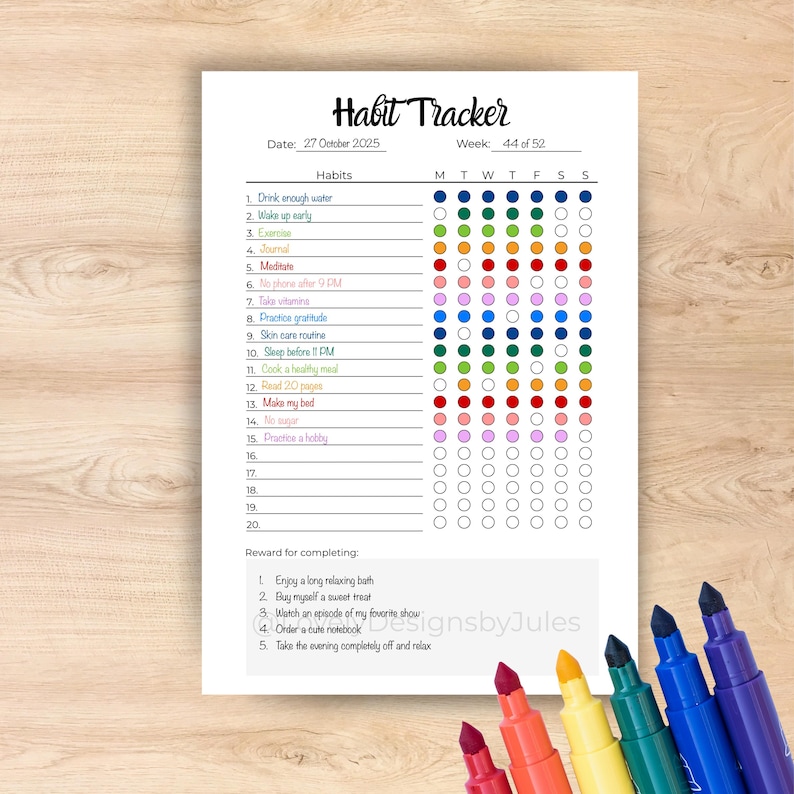 K&ouml;nnte beinhalten: Ein wei&szlig;er Gewohnheitstracker mit der Aufschrift "Habit Tracker" vom 27. Oktober 2025. Er enth&auml;lt eine Liste von Gewohnheiten mit einem Wochenraster zur Verfolgung. Bunte Marker sind unten rechts zu sehen.
