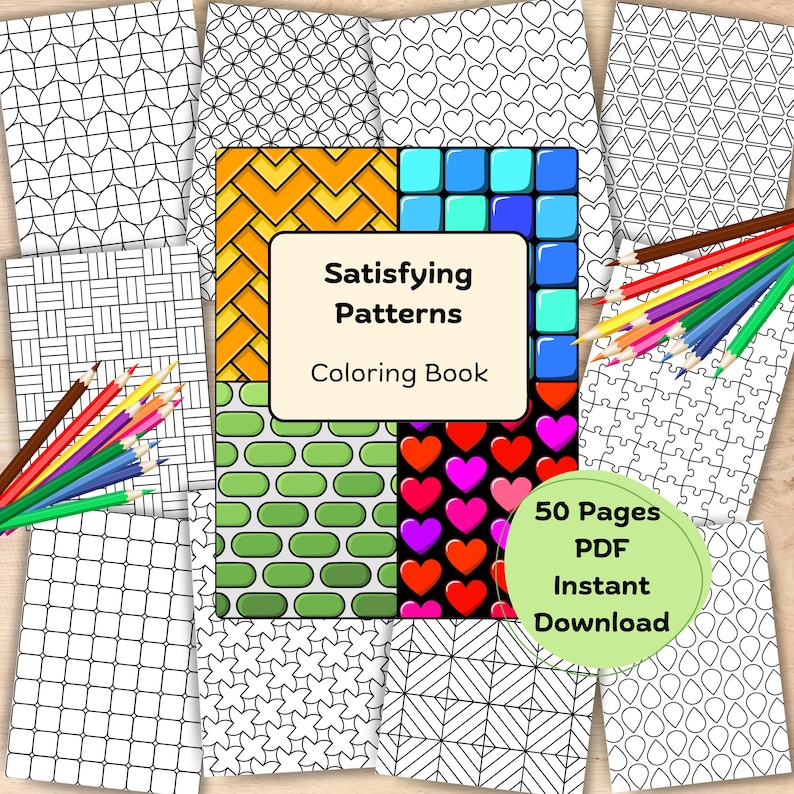 satisfying patterns coloring book, geometric pattern coloring pages, abstract pattern coloring book, printable coloring book, relaxing pattern coloring pages, stress relief coloring book, bold pattern coloring pages easy pattern coloring book, repetitive pattern coloring, geometric coloring pages printable, satisfying coloring pages, adult coloring printable instant download coloring pages 50 page coloring book PDF relaxing art activity simple pattern coloring mindful coloring aesthetic pattern