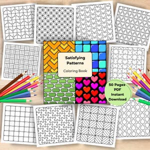 Könnte beinhalten: Eine Sammlung von Malvorlagen mit verschiedenen geometrischen Mustern, darunter Herzen, Kreise und Dreiecke. Das Cover des "Satisfying Patterns Coloring Book" ist sichtbar, zusammen mit Buntstiften. Das Buch wird mit 50 Seiten und als PDF-Sofort-Download beworben.