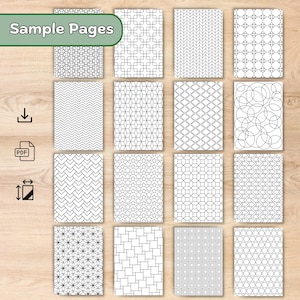 Pode incluir: Uma cole&ccedil;&atilde;o de p&aacute;ginas de amostra com v&aacute;rios padr&otilde;es geom&eacute;tricos em preto e branco. O texto "Sample Pages" est&aacute; no topo. &Iacute;cones para download, PDF e tamanho tamb&eacute;m est&atilde;o presentes. Os padr&otilde;es incluem estrelas, quadrados e formas interligadas.